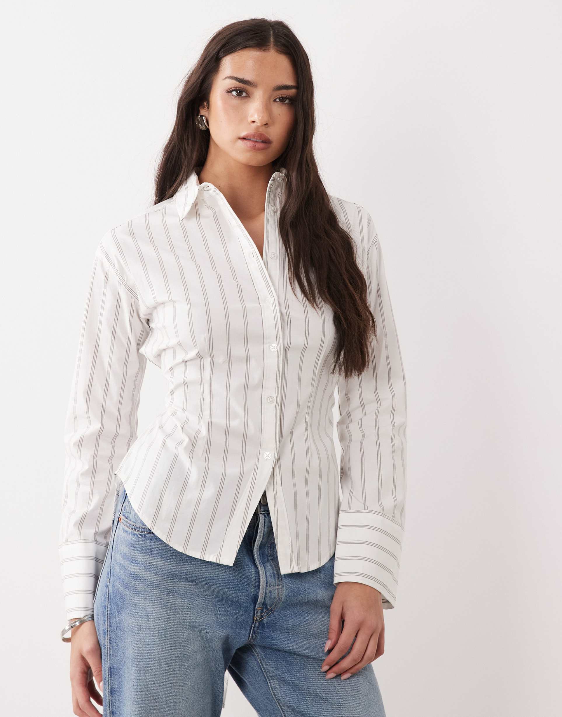 gina tricot cinched waist long sleeve blouse in white stripe