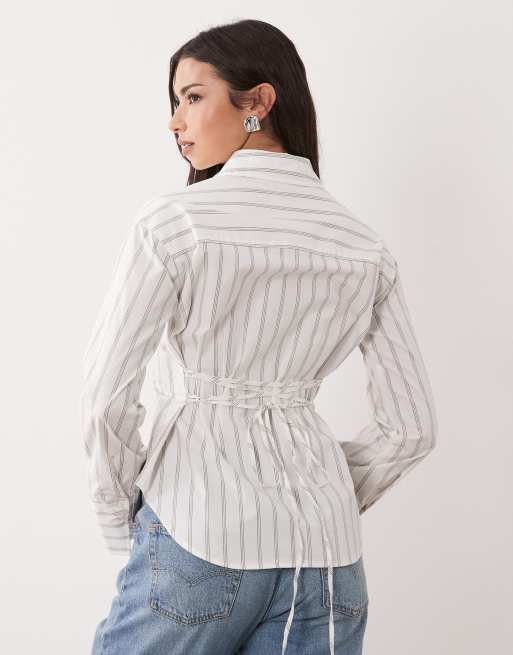Gina Tricot cinched waist long sleeve blouse in white stripe, 2 of 4