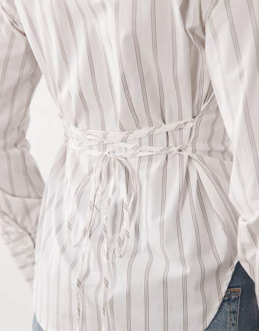 Gina Tricot cinched waist long sleeve blouse in white stripe, 3 of 4