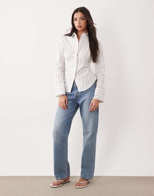 Gina Tricot cinched waist long sleeve blouse in white stripe, 4 of 4