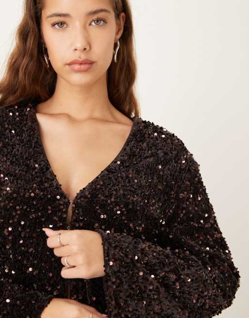 Gina Tricot cinched waist sequin top in dark brown, 3 of 4