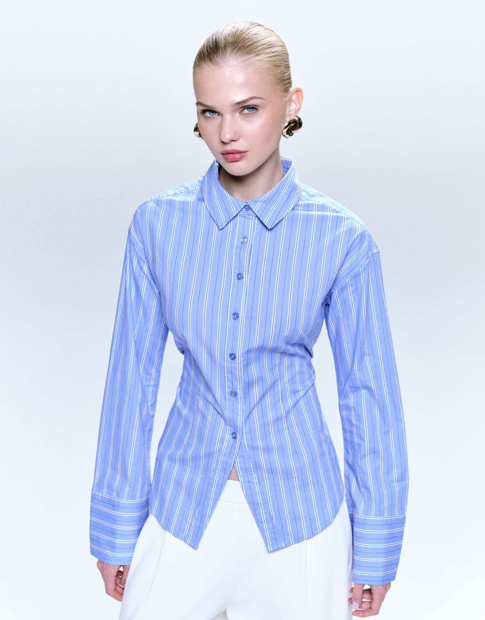 gina tricot cinched waist shirt in blue and white stripe