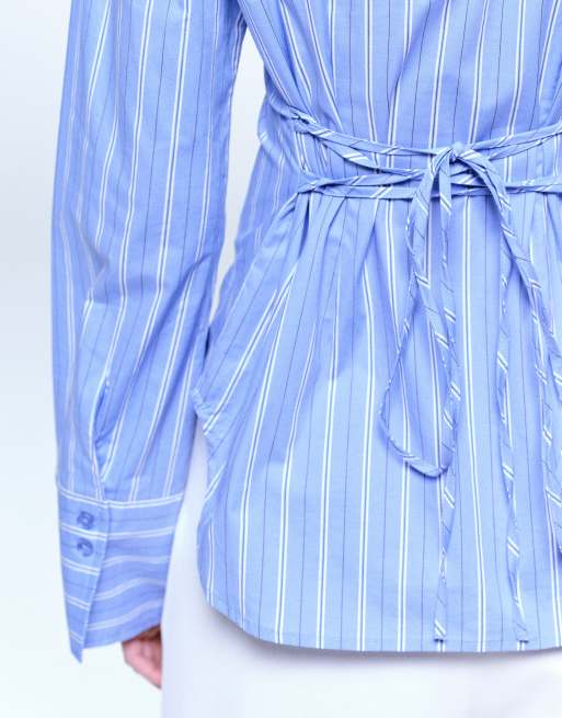 Gina Tricot cinched waist shirt in blue and white stripe, 2 of 4