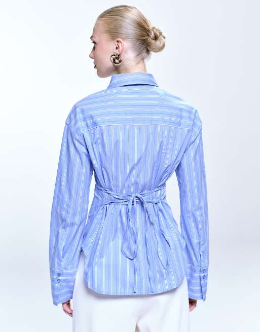 Gina Tricot cinched waist shirt in blue and white stripe, 4 of 4