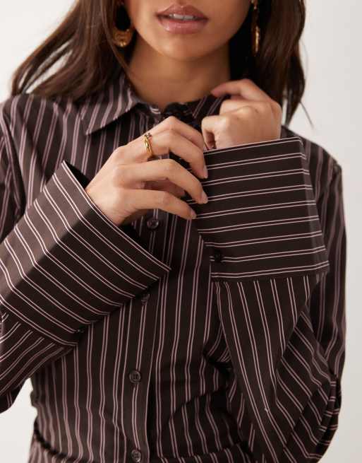 Gina Tricot cinched waist shirt in chocolate brown stripe, 3 of 4