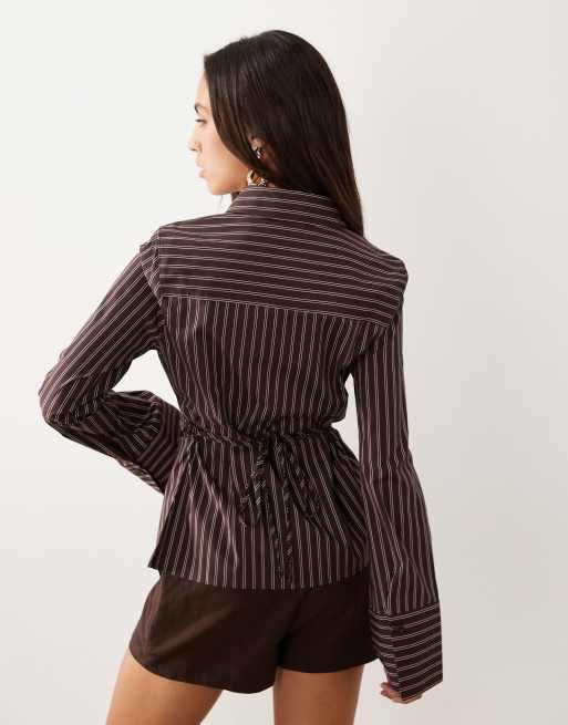 Gina Tricot cinched waist shirt in chocolate brown stripe, 4 of 4