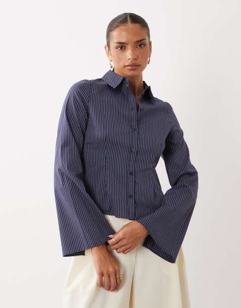 Gina Tricot cinched waist shirt in navy pinstripe - view 1
