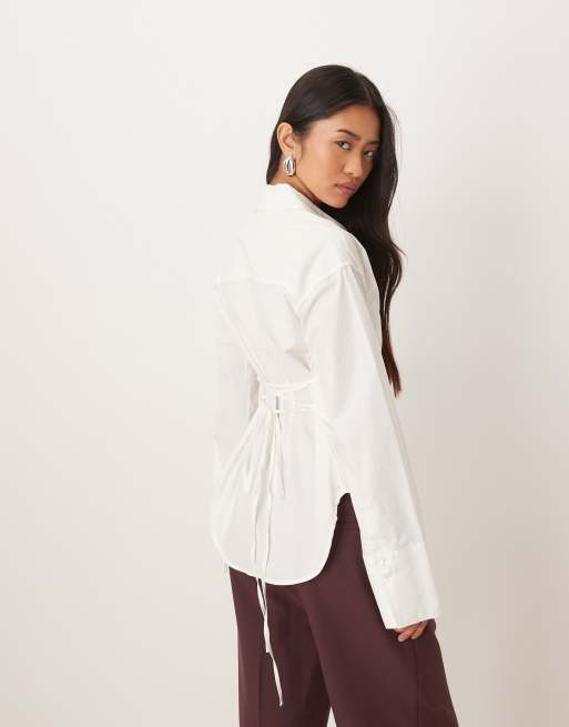Gina Tricot cinched waist shirt in white, 3 of 4