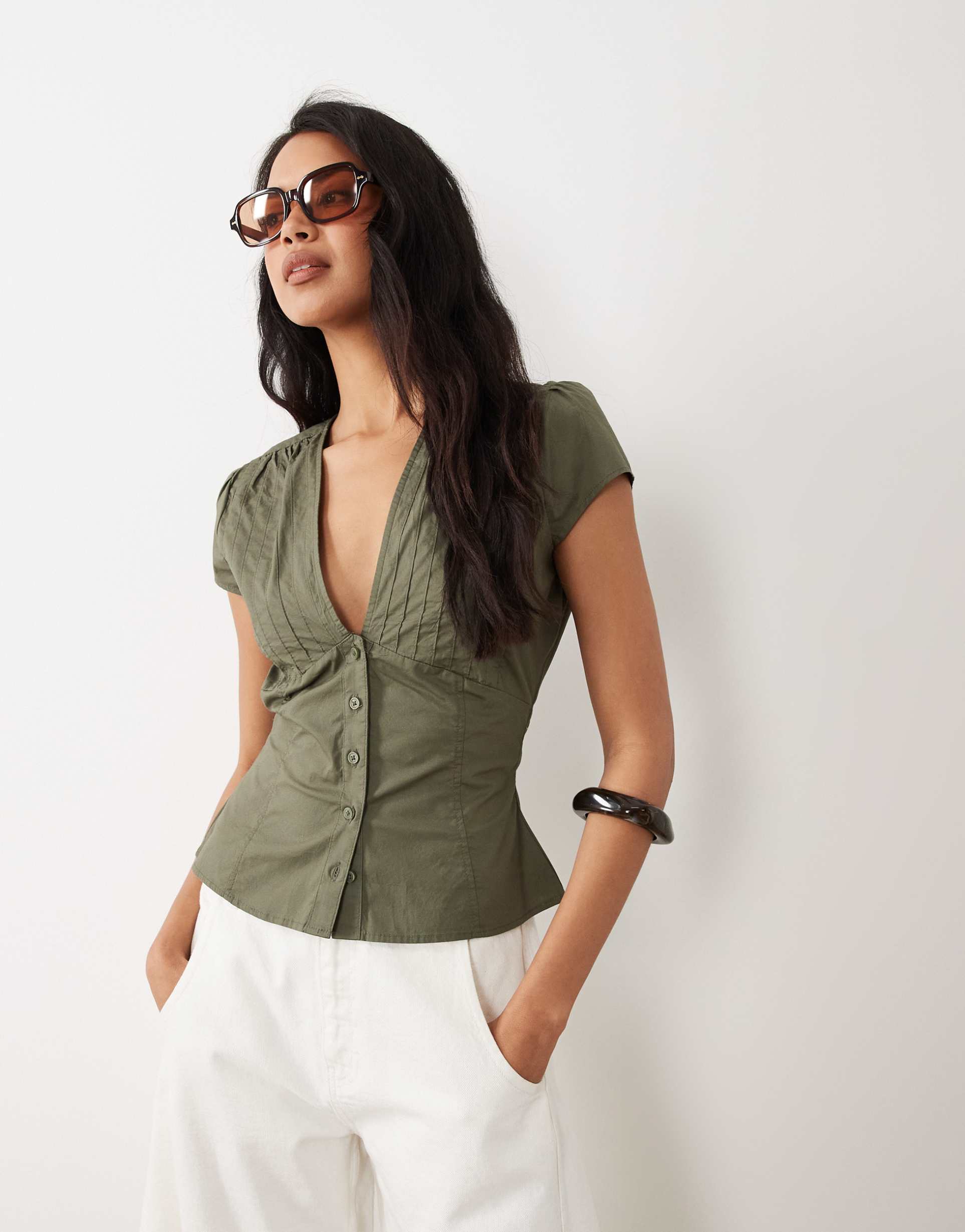 gina tricot cinched waist short sleeve blouse in olive green