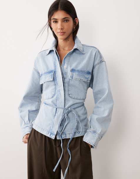 Gina Tricot cinched waist tie front denim shirt in lightwash blue - view 1