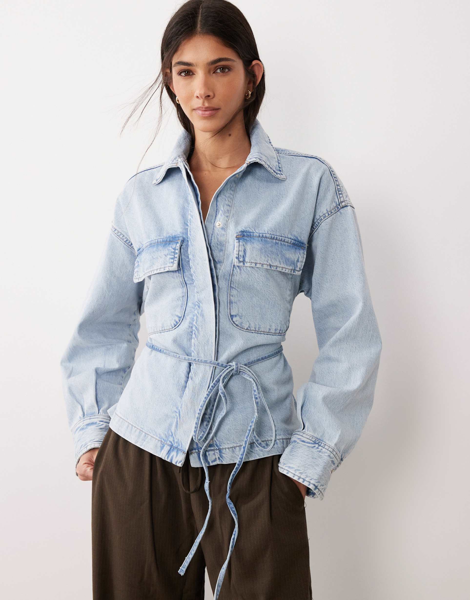 gina tricot cinched waist tie front denim shirt in lightwash blue