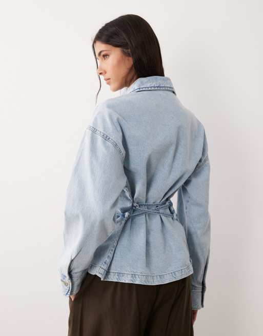 Gina Tricot cinched waist tie front denim shirt in lightwash blue, 4 of 4