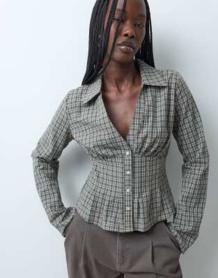Gina Tricot Cinched Waist V Neck Shirt In Gray
