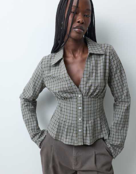 Gina Tricot cinched waist v neck shirt in green plaid - view 1