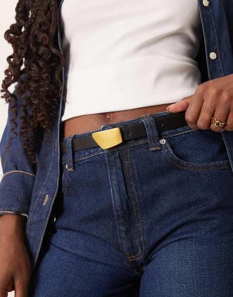 Gina Tricot clean belt with gold matte metal buckle in black - view 1