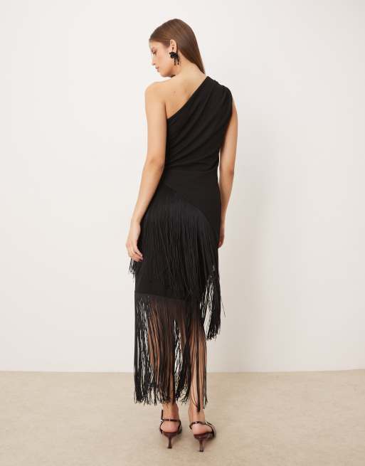 Gina Tricot co-ord asymmetric longline fringe top in black, 3 of 4
