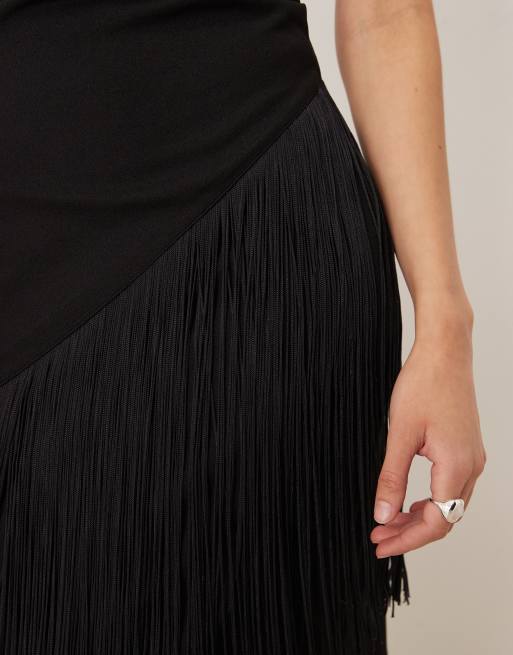 Gina Tricot co-ord asymmetric longline fringe top in black, 4 of 4