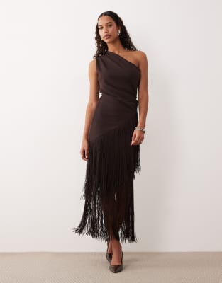Gina Tricot Co-ord Asymmetric Longline Fringe Top In Brown