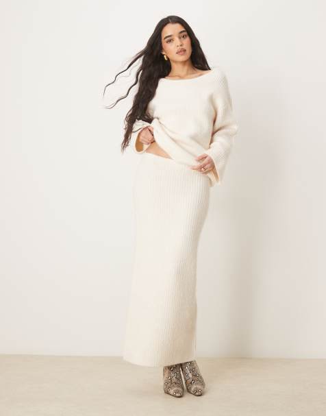 Gina Tricot co-ord chunky rib knitted maxi skirt with side split in cream - view 1