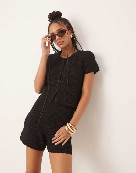 Gina Tricot co-ord crochet button up short sleeve top in black - view 1