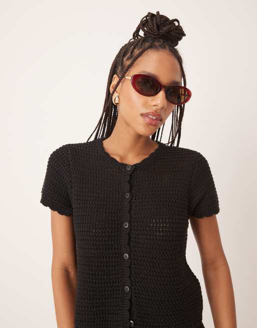 Gina Tricot co-ord crochet button up short sleeve top in black, 2 of 4
