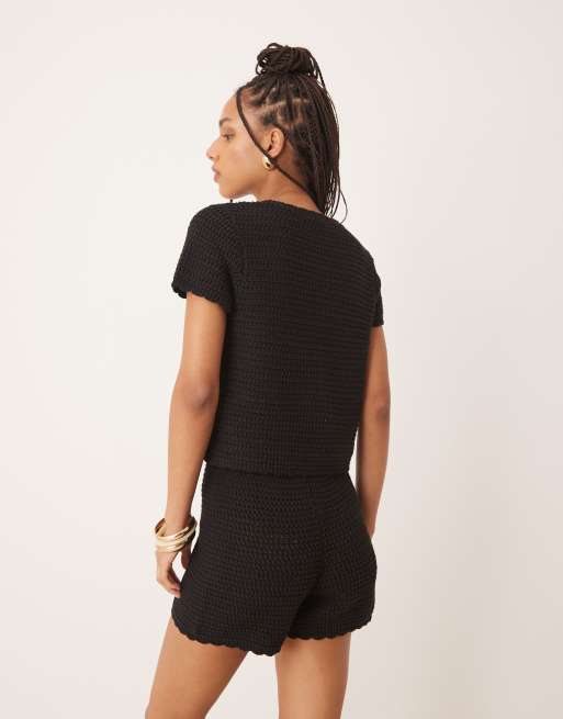 Gina Tricot co-ord crochet button up short sleeve top in black, 3 of 4
