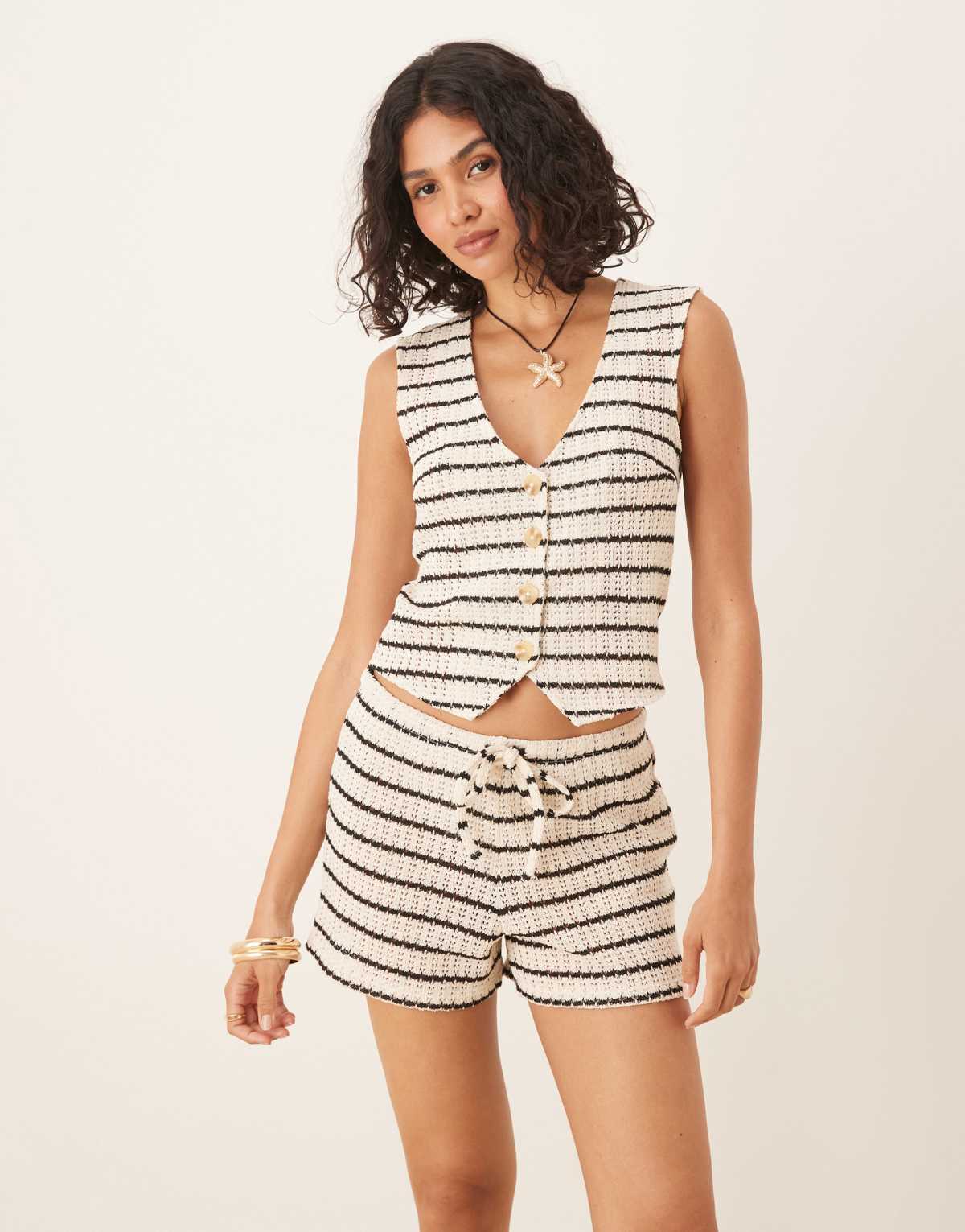 Gina Tricot co-ord crochet waistcoat vest in light beige and black stripe