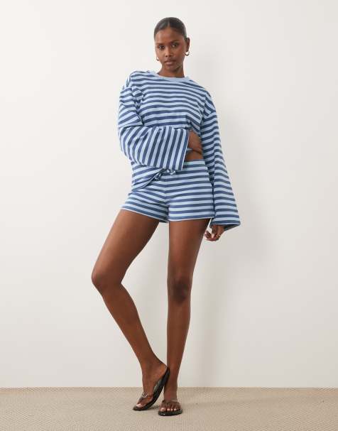 Gina Tricot co-ord drawstring mini shorts in blue stripe - view 1
