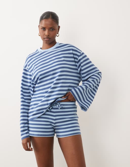 Gina Tricot co-ord drawstring mini shorts in blue stripe, 2 of 5