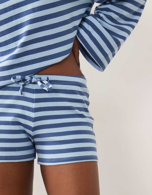 Gina Tricot co-ord drawstring mini shorts in blue stripe, 3 of 5