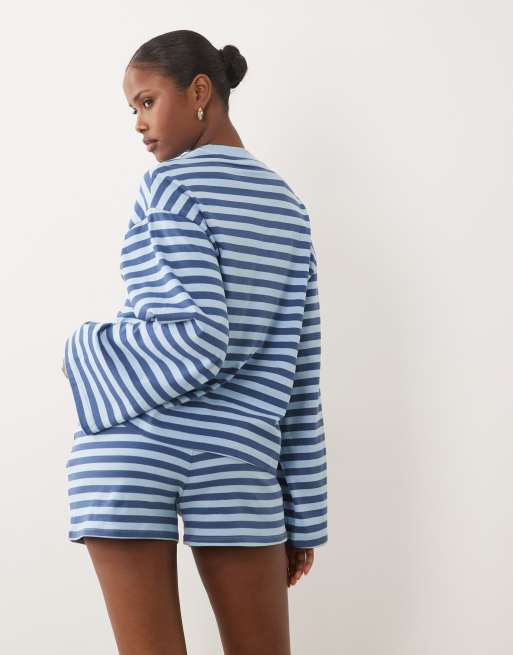 Gina Tricot co-ord drawstring mini shorts in blue stripe, 4 of 5