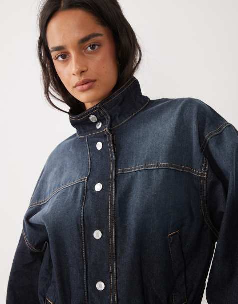 Gina Tricot co-ord dropped waist high neck denim jacket in darkwash indigo blue - view 1