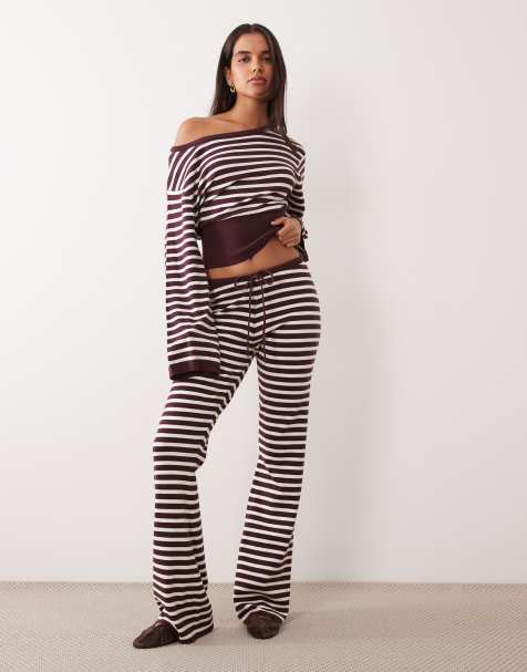 Gina Tricot co-ord gebreide loungebroek met bordeauxrode strepen - view 1