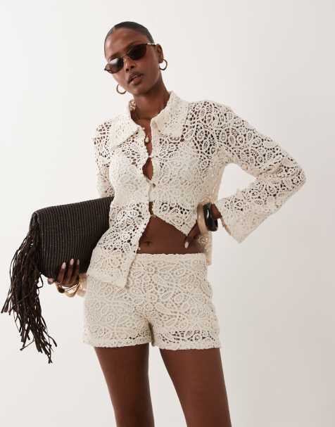 Gina Tricot co-ord gehaakte shorts in gebroken wit - view 1