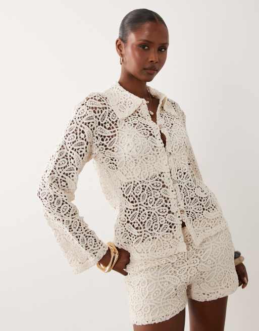 Gina Tricot Co-ord gehäkeltes Hemd in Wollweiß, 3 von 4