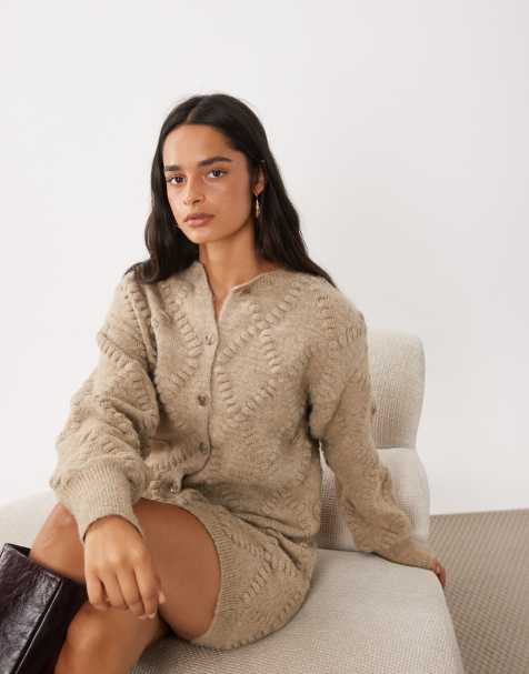 Gina Tricot co-ord knitted tie cardigan in dark beige melange - view 1