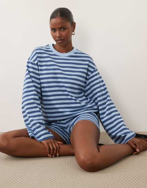 Gina Tricot co-ord langærmet top i blå stribe - view 1