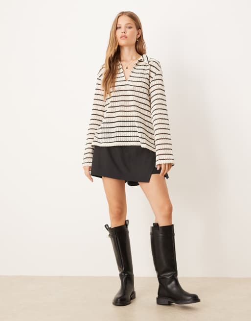 Gina Tricot co-ord long sleeve polo crochet relaxed top in light beige and black stripe