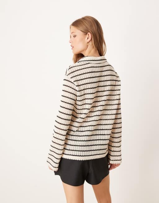 Gina Tricot co-ord long sleeve polo crochet relaxed top in light beige and black stripe