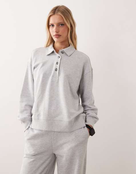 Gina Tricot co-ord polo collar sweater in grey melange