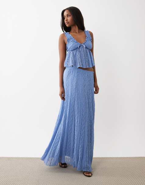 Gina Tricot - Co-ord set met kanten top met gestrikte lint aan de voorkant in blauw - view 1