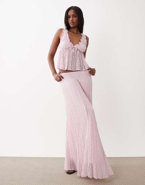 Gina Tricot - Co-ord set met kanten top met gestrikte lint aan de voorkant in roze - view 1