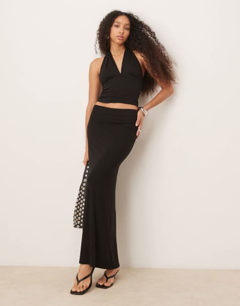 Gina Tricot co-ord Soft Touch halterneck top and maxi skirt in black - view 1