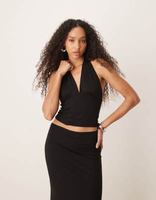GINA TRICOT Gina Tricot co-ord Soft Touch jersey slinky low cut halterneck top in black