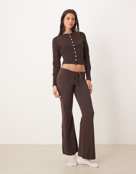 Gina Tricot co-ord straight leg drawstring fine knitted trousers in dark brown