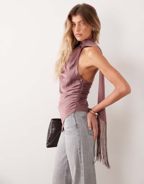 Gina Tricot co-ord top stile sciarpa in raso allacciato al collo con frange, rose taupe - view 1