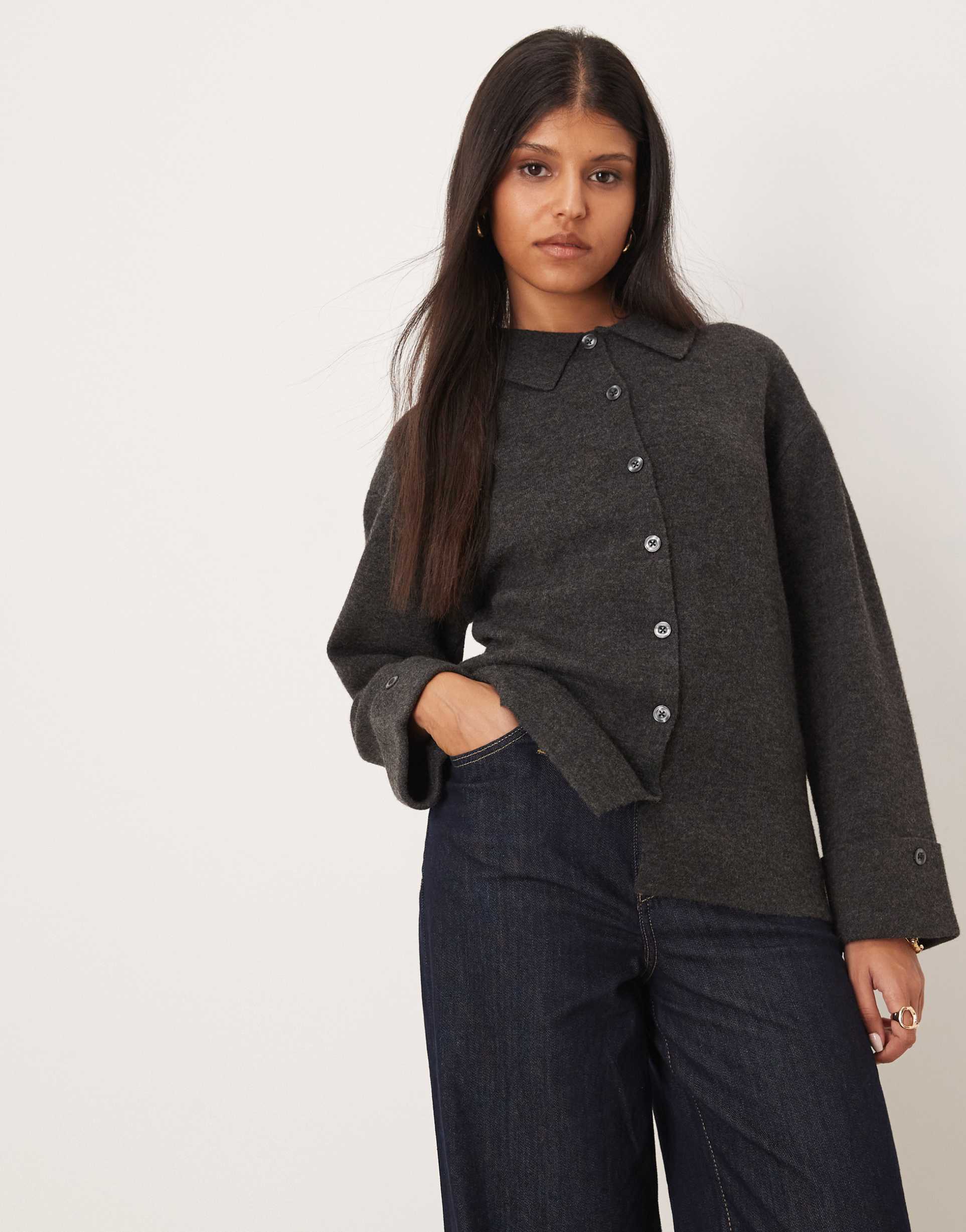 gina tricot collar knit cardigan in dark gray melange