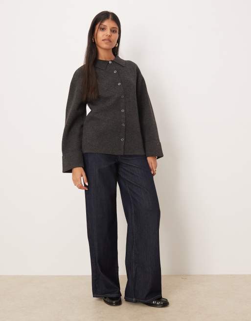 Gina Tricot collar knit cardigan in dark grey melange, 3 of 4
