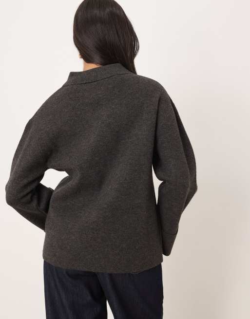 Gina Tricot collar knit cardigan in dark grey melange, 4 of 4