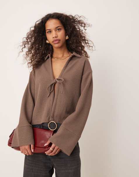 Gina Tricot collar tie front cardigan top in brown - view 1